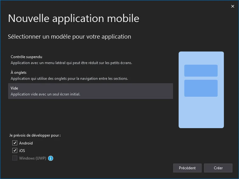 Sélection du modèle d'application mobile vide avec Xamarin.Forms