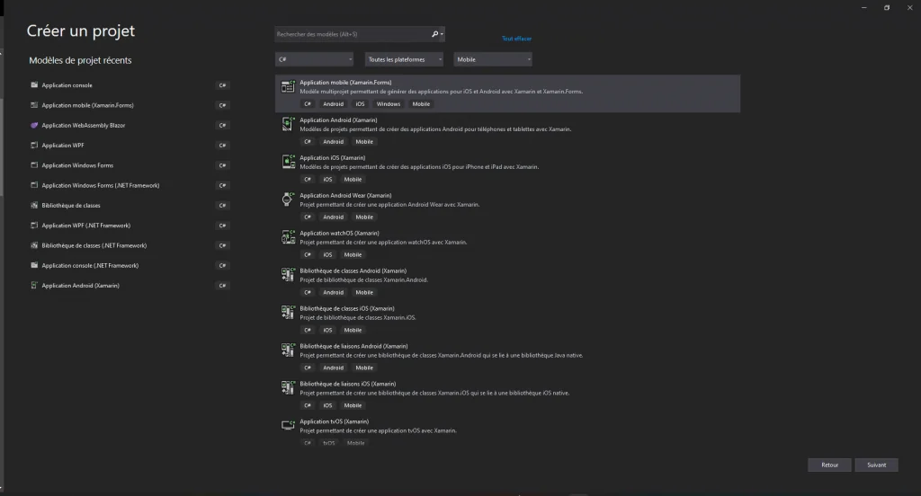Création d'un projet Xamarin.Forms dans Visual Studio 2019